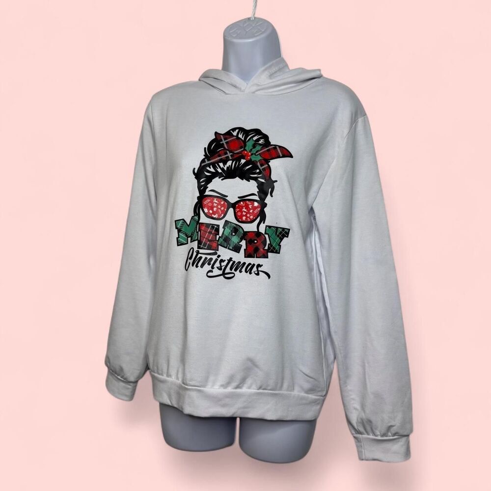 M/L SHEIN "Merry Christmas" Messy Bun Graphic Hoodie White